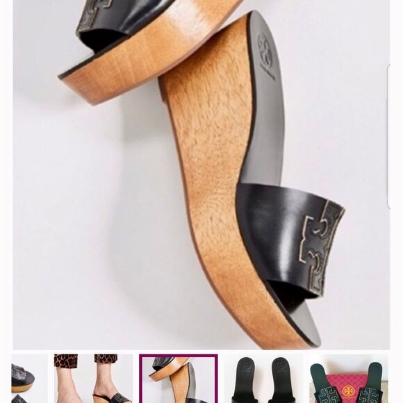 Tory Burch Ines Wedge Slides Calf Leather Metallic Perfect Black Sandals size 9 - Picture 3 of 10